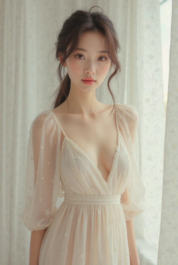 ((of the highest quality, 8K, masutepiece: 1.3, Raw photo)), Sharp Focus: 1.2, (1 AESPA Girl :1.1), Solo, (Realistic, Photorealistic: 1.37), (Face Focus: 1.1), Cute face, hyperdetailed face, Small breasts, flat chest, Short messy hair, Small Smile, nude, (Off-the-shoulder chiffon dress, skirt: 1.3), (Sheer fabric:1.3), office, look back, flower, iris