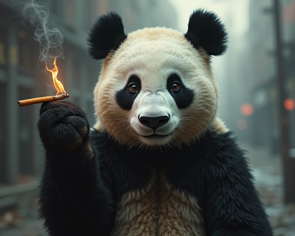 Prompt 8: "A hyper-realistic close-up of a muscular panda in a grey tank top, holding several lit cigarettes, exhaling thick clouds of smoke that envelop its entire head and shoulders. The panda’s expression is one of pure happiness, with a wide grin, yet its narrowed eyes and raised eyebrow give off a challenging, provocative vibe. The background is a dimly lit, gritty bar with a smoky atmosphere and industrial decor."
