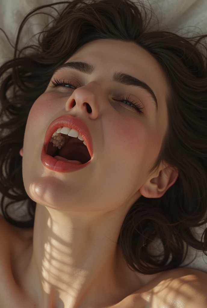 a woman laying on a couch with her mouth open and tongue out and a blanket on the floor behind her, Alex Grey, m, a renaissance painting, harlem renaissance
1boy, 1girl, ass, brown hair, closed eyes, cum, fellatio, hetero, oral, pencil skirt, penis, realistic,