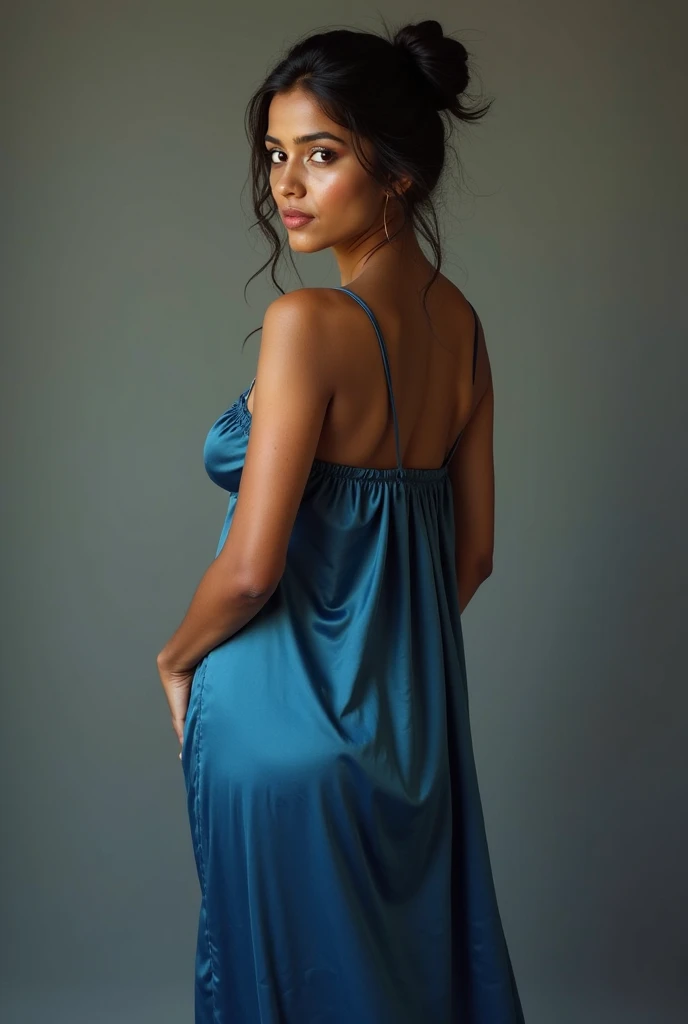 RAW photo,dark,moody,hazy atmosphere,35mm focal lenght,underexposed,cold,candid photograph,artistic,full body,photo of a beautiful,high-society,rich,elegant,30yo Iranian woman,detailed skin,naked,Kaftan, looking at viewer, thick body structure,grey background,no background, candid pose,dim room,blue light, film grain, kodak color, instagram LUT