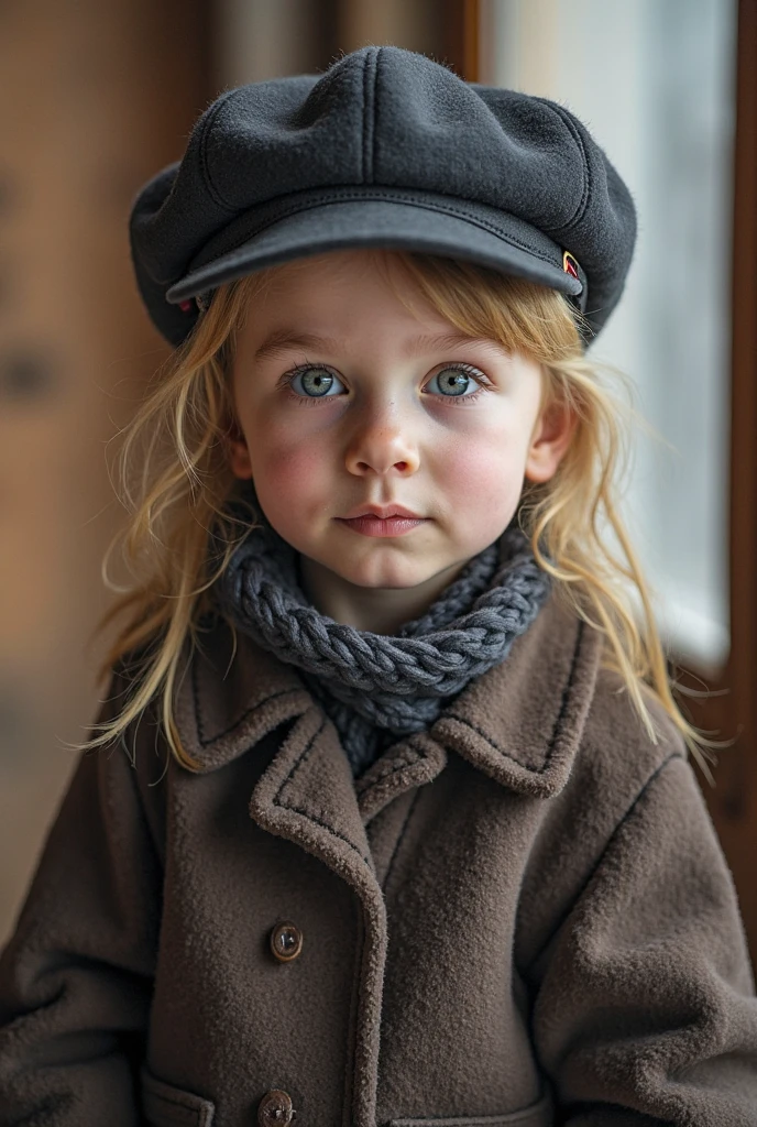 GIRLS Russian children with 10 years, loiro cabelos compridos, PORTRAIT, JAQUETA PRETA E ROUPA PRETA, FUNDO AMARELO.