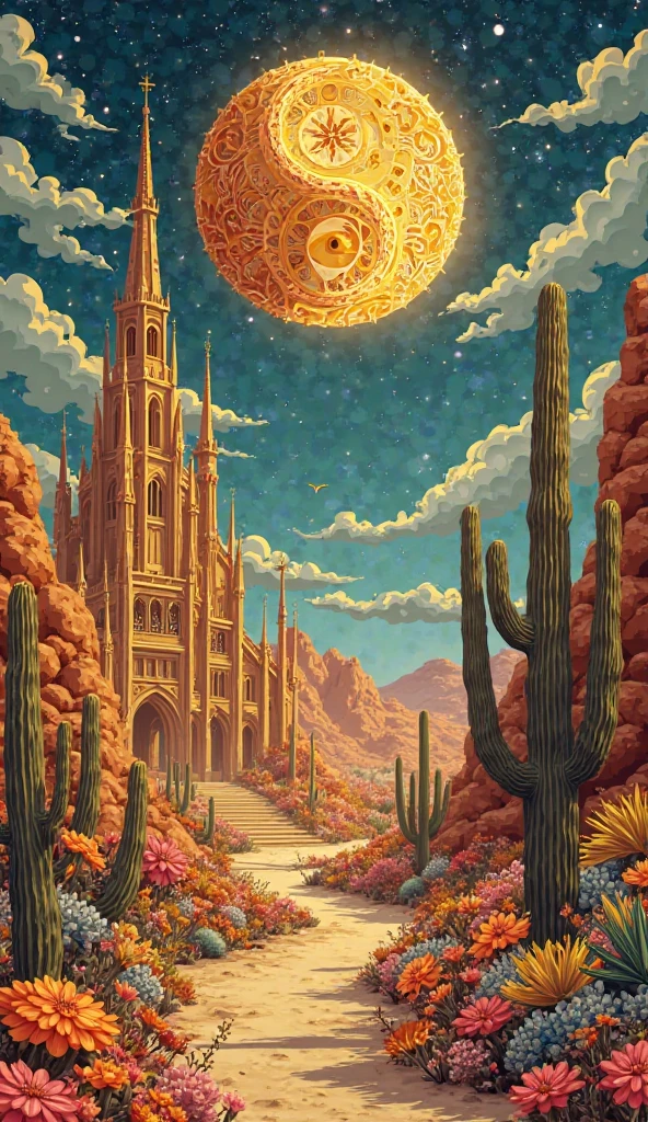 A surreal desert landscape featuring a gothic cathedral, golden cacti ...