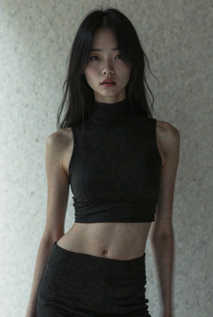 (18-year-old sexy Koreanbabe woman with a perfect body), zoa, (realistic:1.4), (photorealistic:1.4), korean idol, (looking at viewer:1.4), detailed face, detailed eyes, <lora:Zoa_v1:0.8>, (suggestive pose:1.2), dynamic angle, slim body, slim legs, in a professional photo studio, strapless top, skintight yoga pants, midriff, navel, medium breasts, narrow waist, long beautiful black hair, (posing for a photoshoot in a dark professional photo studio:1.3), film grain,  <lyco:film grainV3:0.4>, small head, small face, stomach piercing,  <lora:Koreanbabe-amateurV1:0.4>, thigh gap,  (1/1000 shutter speed:1.3), (ISO 12800), mouth closed
