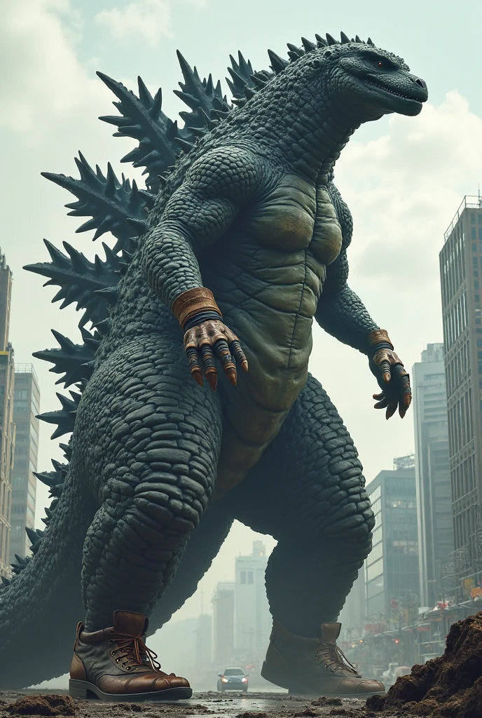 Godzilla is on a rampage in Tokyo, low angle shot