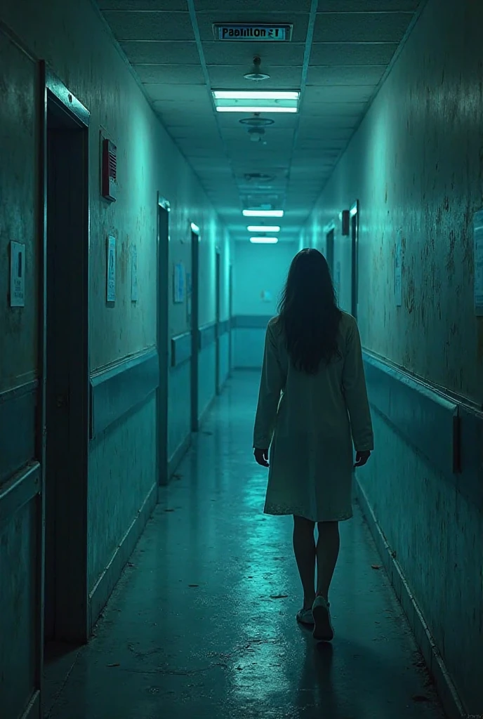 A dimly lit hospital corridor at night. There are 3 closed doors on each side. A woman in 90s nurse clothes walks from one door to another, your body is transparent and your face has no features.