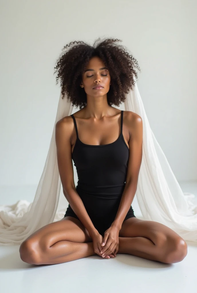 A young black woman with long, very curly, voluminous black power hair, in a meditation position with her eyes closed and her hands in a prayer position. She is wearing a light lilac dress. The image should be a full-body shot in a meditation position, very realistic, in an all-white temple with a white floor, white stone walls, white ceiling, and white columns.
