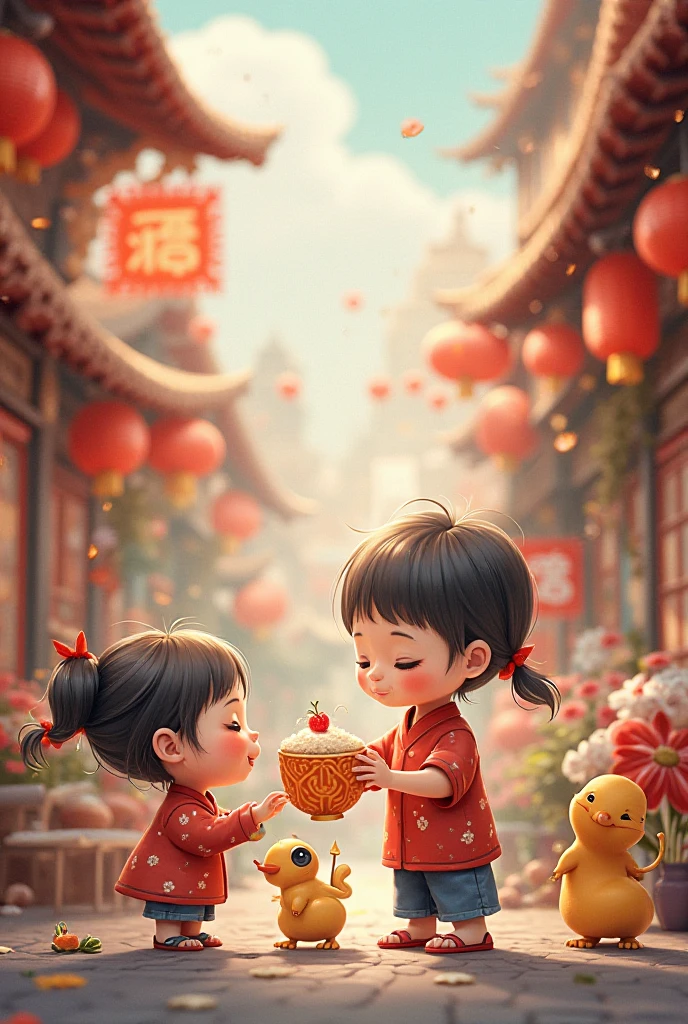 winter solstice,Chinese festivals,Two children are eating glutinous rice balls,pink back ground,be full of details,tmasterpiece,8K