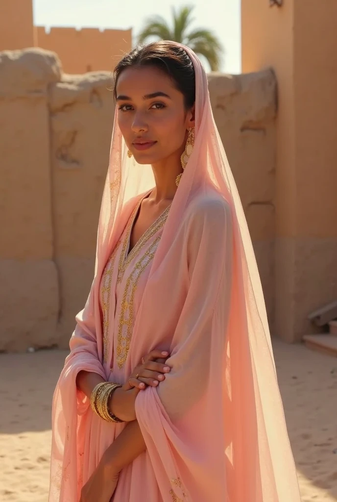 (medium full shot) of (lovely arabian princess) young woman, curvy build, black hair, straight hair, green eyes, tan skin, wearing a elaborate silk turban with jeweled brooch, pink maxi dress with pearl embellishments, loafers with chic design, smoky eyeshadow, jeweled sash with coin accents silver anklet, set in  Bustling Bazaar, Colorful marketplace with stalls overflowing with exotic wares, vendors calling out their wares, the scent of spices and incense wafting through the air, brightly colored fabrics fluttering in the breeze , woman smiling, ,Masterpiece,best quality, raw photo, realistic, very aesthetic