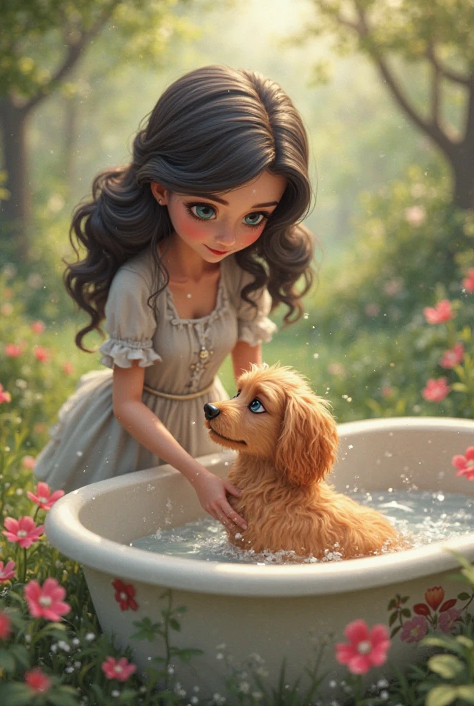 Cartoon girl with yellow umbrella and dog, der unter Regenschirm sitzt, Disney-Kunst-Stil, adorable digital painting, Kunst im Stil von Disney, Disney-Kunststyle, Disney-Figurenstil, Rob Rey, cute detailed digital art, cute piece of art, Disney-Kunst, Disney-Figur, Cartoon Digital Paintings, sweet detailed artwork, Disney-Rendering, es regnet, Disney-Kunst, digitale Cartoon-Malerei, best quality