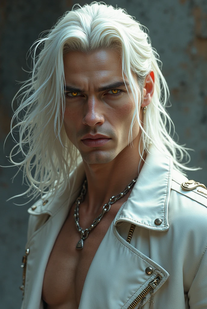 masterpiece, best quality, handsome 25 year old, fair skin male, long white hair, perfect face, chest abs, masculine, black clothes, long hair