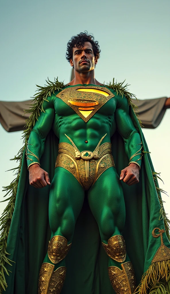 superhero dressed up with organic mater, using a plastic bag as a cape