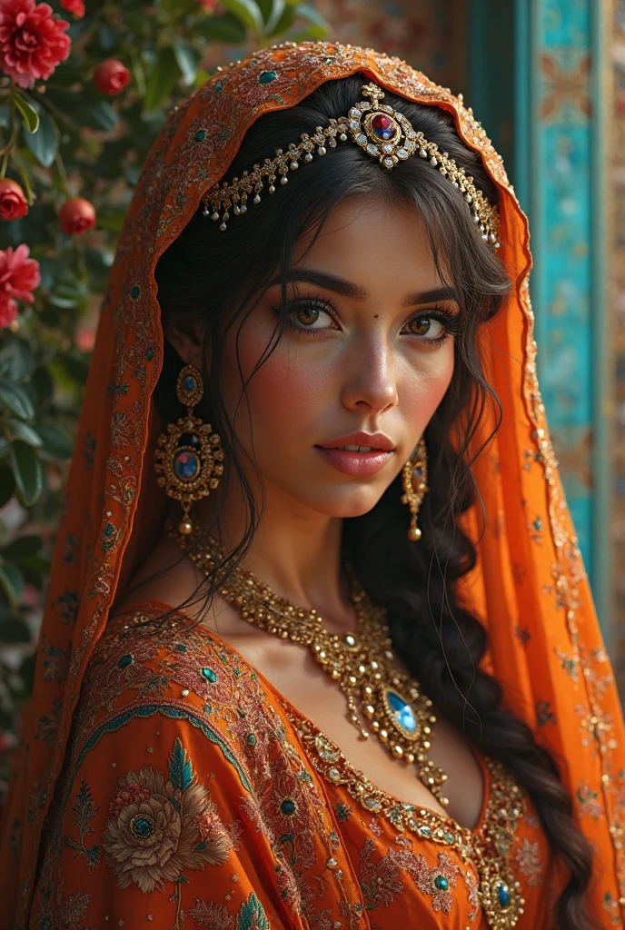 Gorgeous woman, Arabic dress , Blue eyes, posing 