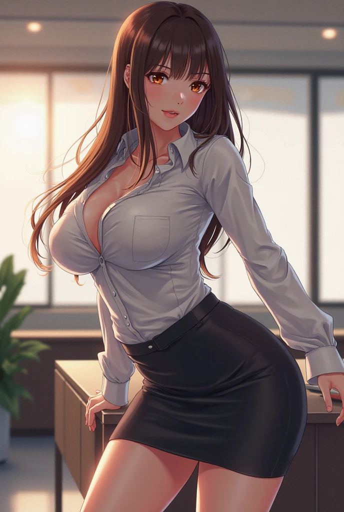 (masterpiece), ((highest quality)), (masterpiece,highest quality,Official Art,Highly detailed CG Unity 8k wallpaper), (The most noble and beautiful), (高学歴のwoman),Beauty Photography, woman,alone,(An elegant, upper-class, super elite secretary in a business shirt),Perfect look,double eyelidの目,Delicate makeup, Working in the office,厳格なbusiness suitを着用する, (Wear pantyhose),Wear high-end heels,Girl in a shirt, Wearing a suit, Huge ,Full Body Lesbian,Wearing a suit, Wearing a suit, merchant, Business Attire, 黒いWearing a suit, Wear a shirt and skirt, スーツを着たwoman, business suit,Computer chair,sit down,Erlang Leg,High heels,Displaying the viewer,Bright,Intricate details,Feet Focus,From below,Cool Beauty,(Tall Girl),Dark brown hair, Small earrings,Accurately expresses the fine details of the face and skin texture,(The most beautiful face and eyes), double eyelid,Delicate skin,Slim figure,alone,小Super big breasts,(She wears the most beautiful and noble little earrings),Camel Toe、Giant tit、Nipple Puffs、Cleavage、Plump、Super big breasts、Super big butt、Erotic、cute
