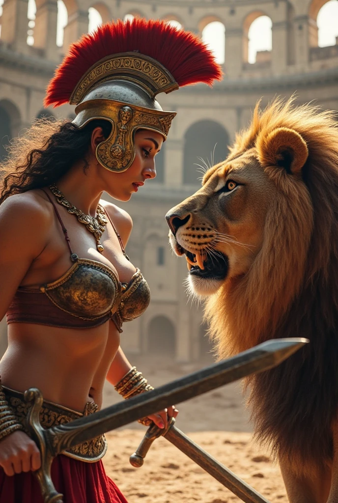 (RAW photo), (Realistic,8k), (photo-realistic), ultra high resolution, masterpiece, highest quality, portrait, facial portrait, perfect lighting, detailed lighting, dramatic shadow, ray tracing, 1 beautiful slave 40 yo woman, , ((Idol face)), perfect anatomy, dark skin, Voluptuous, cleavage, symmetrical eyes, beautiful detailed brown eyes, chubby lips, big thick thighs, abs, muscle, shortcut hair, black hair, half open mouth, ((wearing a erotic Gladiator costume)), ((in Rome Arena)), (((fight with Lion))),