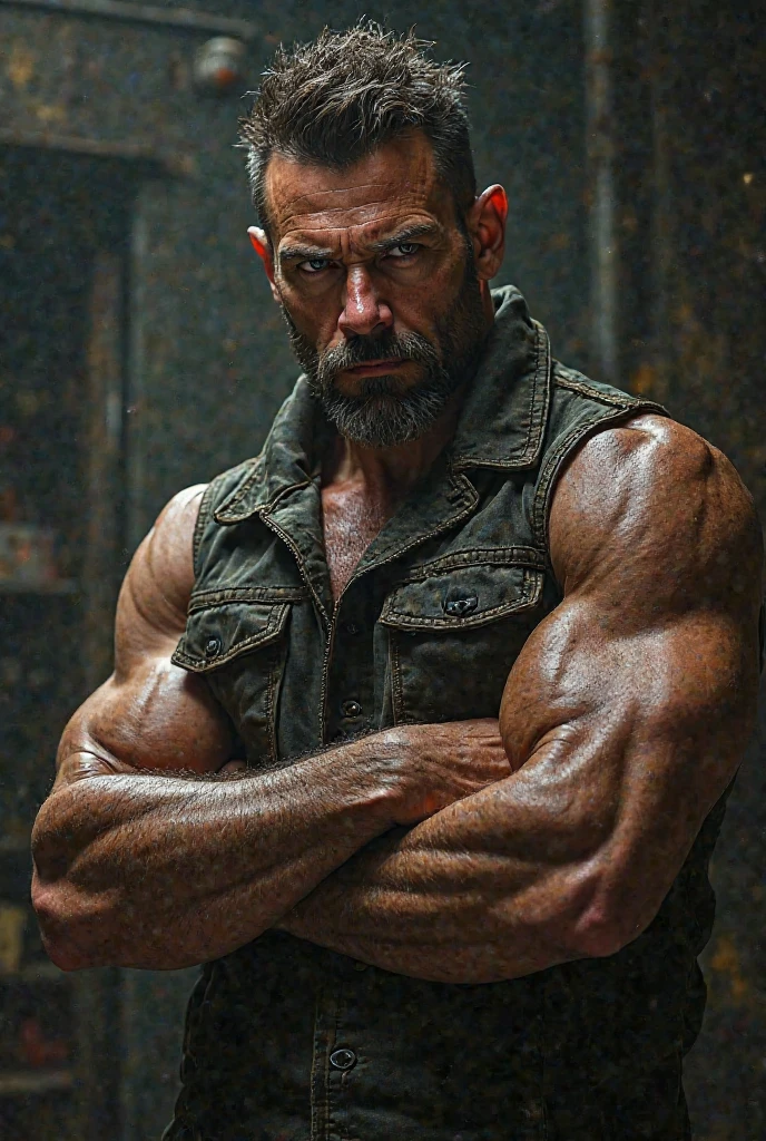 (masterpiece, intricately detailed, highest resolution, best quality:1.2),a cocky Andy Whitfield male model,a 40 y.o muscle stud with a muscular physique sitting on a chair, gold bracelets, necklace, armbands, jewelry, flaccid penis,saggy balls,hairy chest,vascular,muscle striations,soft light,fantastic realism,