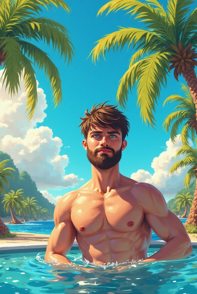 handsome adult shirtless lying on the beach shore, 30 years old, short hair and orange sutubble , (best quality, 4k, 8k, high resolution, masterpiece: 1.2), palm trees on the horizon, view from above, bulky.