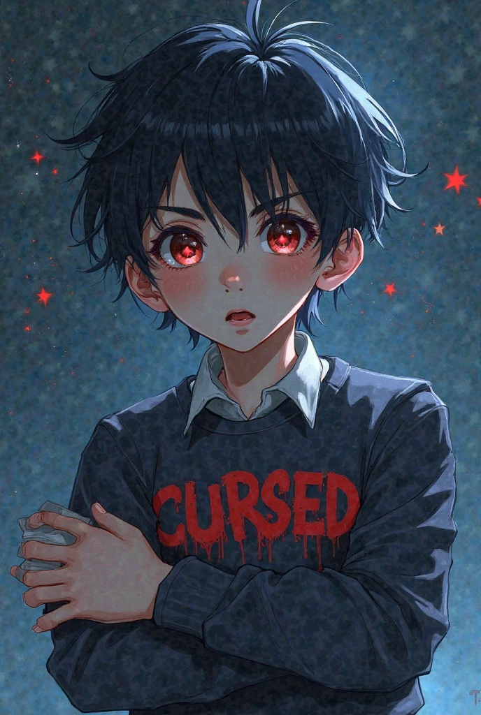 A boy with dark blue hair behind the school and behind him a blue ghost and laughing and there is blood on the ground and he has a hammer