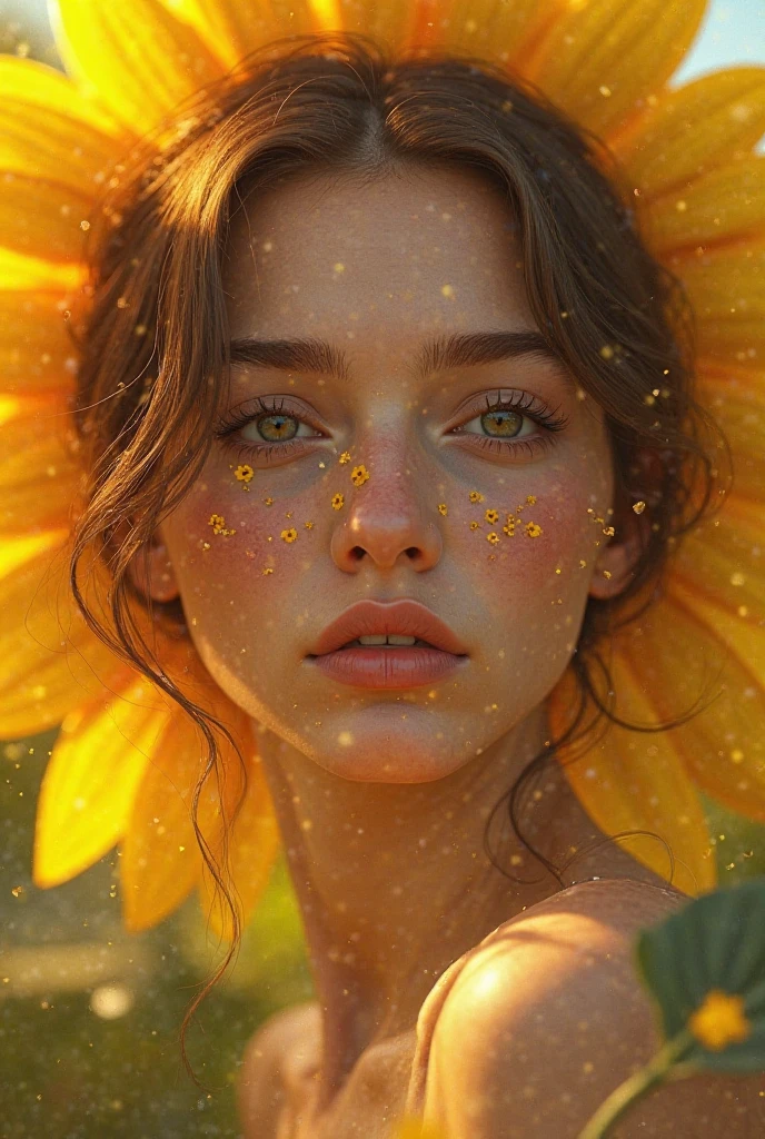 Uma mulher vestindo uma camisa amarela com flores, cabelos castanhos cacheado e longo e olhos grandes, Cabelo cacheado volumoso, Penteado elfo crespo, , cabelos pretos e olhos grandes, em torno de 1 9 anos,, imagem de perfil, small lips pointy nose, estrutura corporal realista, Banhos de sol na praia, Mostrar algumas linhas do corpo adulto