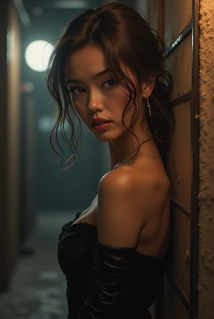 a hot lady, bare shoulder, sweaty skin droplets, shoulder off, red lips, wet hair, medium shot, rainy short dark cinematic, cleavage visible, one shirt strips goes down