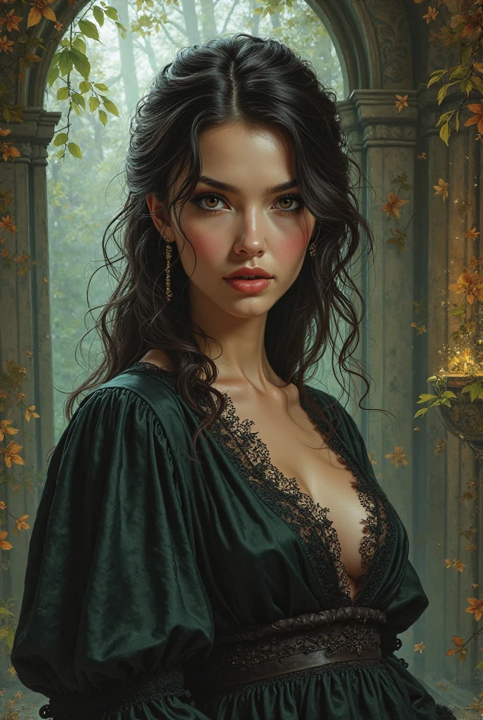 1 woman, inside a castle at night, wearing an elegant black shiny dress with plunging neckline, nice breasts, detailed facial features, feminine blue-gray eyes, small pointy ears, freckles on her face, detailed fair skin, long golden brown hair, dramatic lighting, cinematic composition, dark palette, dark colors, atmospheric haze, thin chin, serious face, serious face, strong and beautiful woman, adult woman, ultra realistic, profile picture, adult woman (best quality, 4K, 8K, high resolution, art: 1.2), ultra detailed (realistic, photorealistic, photorealistic: 1.37)