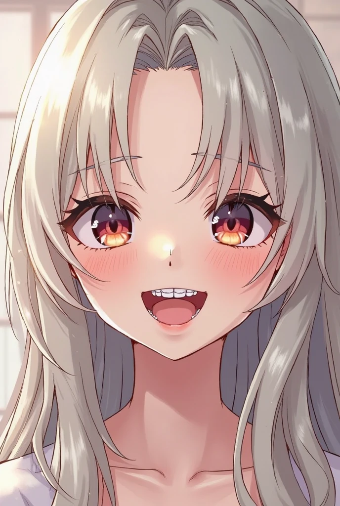 best quality, expressive eyes, perfect face. Long, wavy hair. Right side bangs. side bangs. Long gray hair. Pink lips. Coquettish expression. Medium breasts. Yellow, golden, amber eyes. Long bangs. Clear skin. Pink . blushing. virgin girl, naked. Pink nipples. Open pussy.