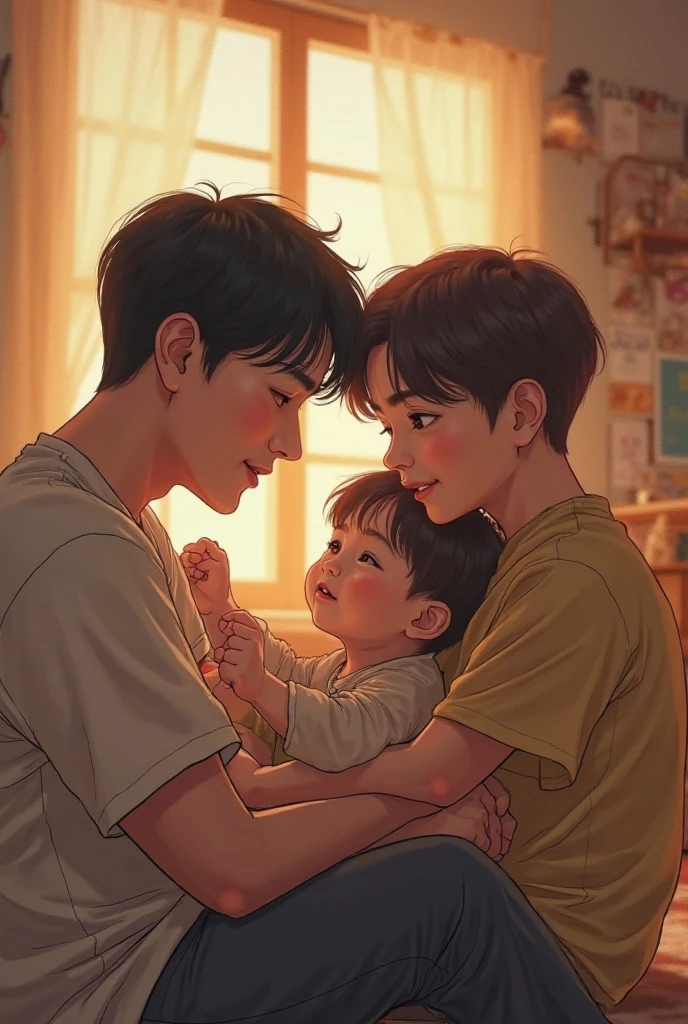 Silhouette of 23 year old Asian man near window watching another 23 year old Asian man with Asian child on his lap smiling