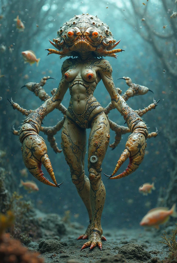 scary and sexy detailed art in color, Portrait, (beautiful and obscene female alien:1.4), (vulgarity1.5), (she has glowing red eyes with no pupils:1.8), (Translucent skin:1.7), ((There is a female genital-like organ in the middle of the forehead:1.9)), (The most beautiful face in the history of the universe:1.2),an evil gaze that seduces, (large mouth:1.1), (sharp teeth like a vampire:1.2), Full body portrait, (bio luminescent:1.5), (Smile wickedly:1.3), (sexypose:1.5), incredibly beautiful matured alien, (she has unparalleled beauty:1.5), No humans, cells are fused, (Lots of translucent tentacles:1.6) extraterrestrial, cell, bio image, best quality, 8K,In 4K_quality, High freshness, Dramatic Lighting, masterpiece:1.5, cinematic quality, detail up, (exquisite details:1.2), high resolution, High freshness, drawing faithfully, (Thick eyebrows:1.2), Beautiful eyes with fine symmetry, (Highly detailed face and eyes:1.2), (Super detailed skin quality feeling:1.1), perfect anatomy, (Beautiful toned body:1.5), (Moist skin:1.2), not wearing makeup, (dark circles:1.1), long canines, cinematic drawing of characters, ultra high quality model, cinematic quality, detail up, (exquisite details:1.2), high resolution, High freshness, drawing faithfully, official art, Unity 8K Wall , 8K Portrait, best quality, Very high resolution, ultra detailed artistic photography, midnight aura, unreal engine 5, Ultra Sharp Focus, art by Amano Yoshitaka, ArtGerm, Roisch, intricate artwork, best quality, masterpiece, ultra high resolution, (photos realistic:1.4), ultra realistic realism, dream-like, nautilus, Creation of fantasy, Snail, Dream Snail, (biopunk nautilus:1.3),Thrilling color schemes, ultra realistic realism, seductively smiling, (white tentacles with stripes:1.2), subtle emerald green accents, (expression of ecstasy:1.6) , in the dark, she has snake-like eyes