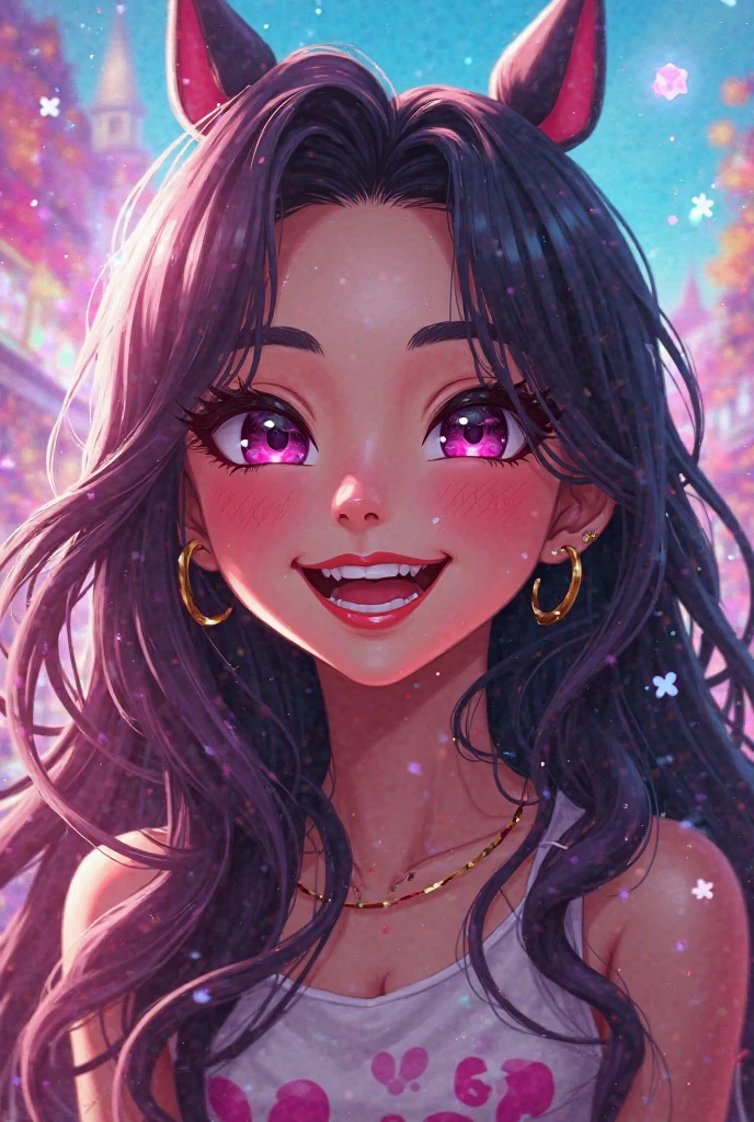 cute anime character girl, hot sister, sticking tongue out, showing peace sign, ((drool)), messy wavy long hair, brown skin, heart-shaped pupils, choker with heart pendant, wearing loose baggy hip-hop fashion, attractive and seductive face, make-up, superlative body proportion, indoors, heart effects, 2.5D, delicate and dynamic, graphic CG digital art
