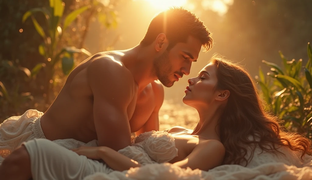 Big booty woman (( huge breast)) in tent on top of handsome shirtless man, romance , full body , intimacy , wide screen shot , bright photo 
