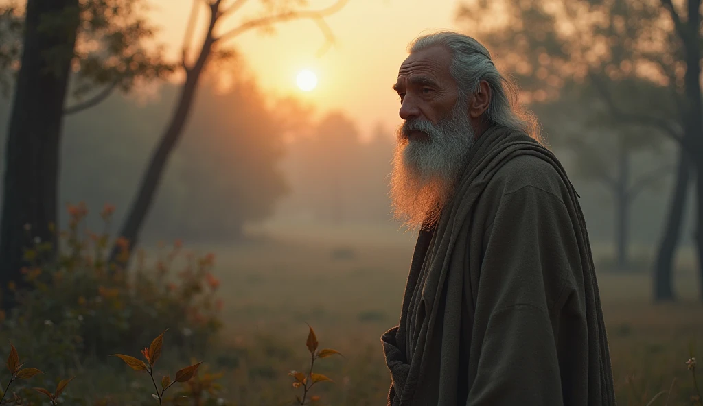 Oil painting, Close-up, Dramatic lighting, Realism. (Best quality, high resolution, Ultra-detailed), (Realistic:1.37), professional, Vivid colors, The wise man stands silently in the garden at dusk, his eyes wide with realization as he spots the snake biting the roots of his plants. The scene is bathed in the soft, fading light of the evening.