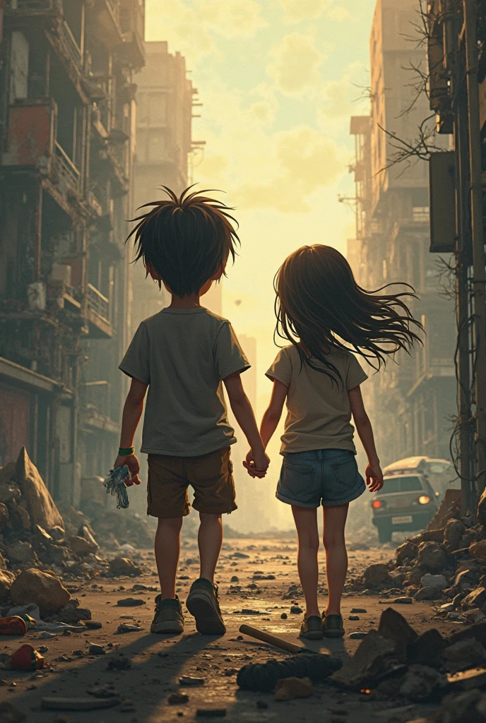 Girl holding a boy's hand lying on the background of destruction. And a water environment already grown people