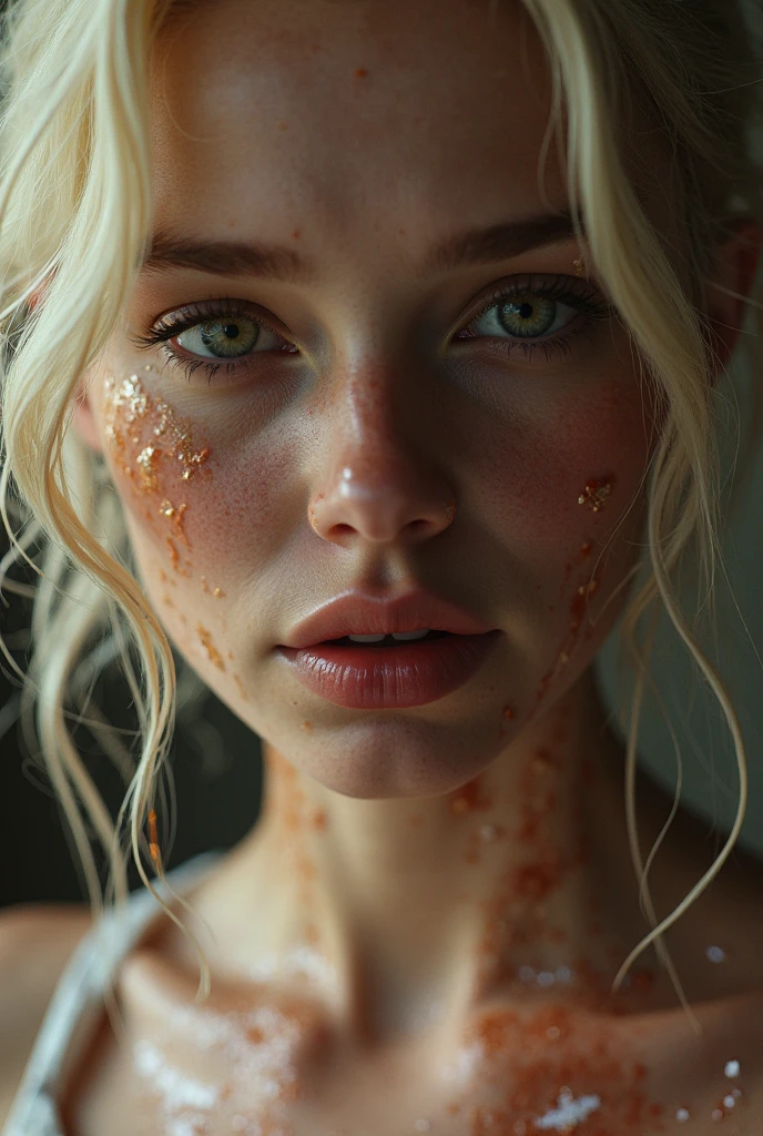 realistic, topless, nude, woman, not wearing clothes, beautiful mouth, enjoying white semen, mouth focus, sexy, lick, blonde, orgasm, eyes are slightly open, eyes are askew up between the eyebrows in ecstasy, nice breasts, top down POV on the kneeling on the floor girl with her mouth open, white semen squirting out of penis into her mouth, topless, Jennifer Lawrence, blushing, hair covered with white cum