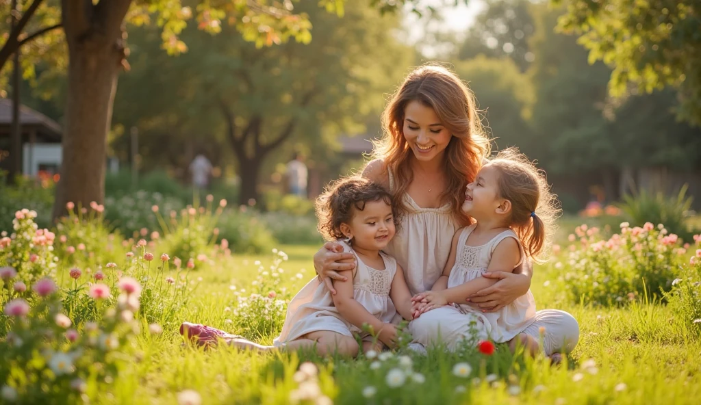 Mothers playing with children in a garden full of colorful flowers and many colorful butterflies full hd 4k 3d images