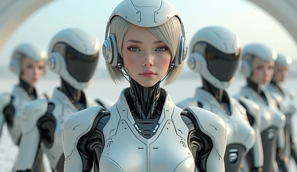 Female robots are mass produced　Multiple female robots are standing on a conveyor belt.　everyone closes their eyes　everyone looks the same　Mechanical and homogeneous body
