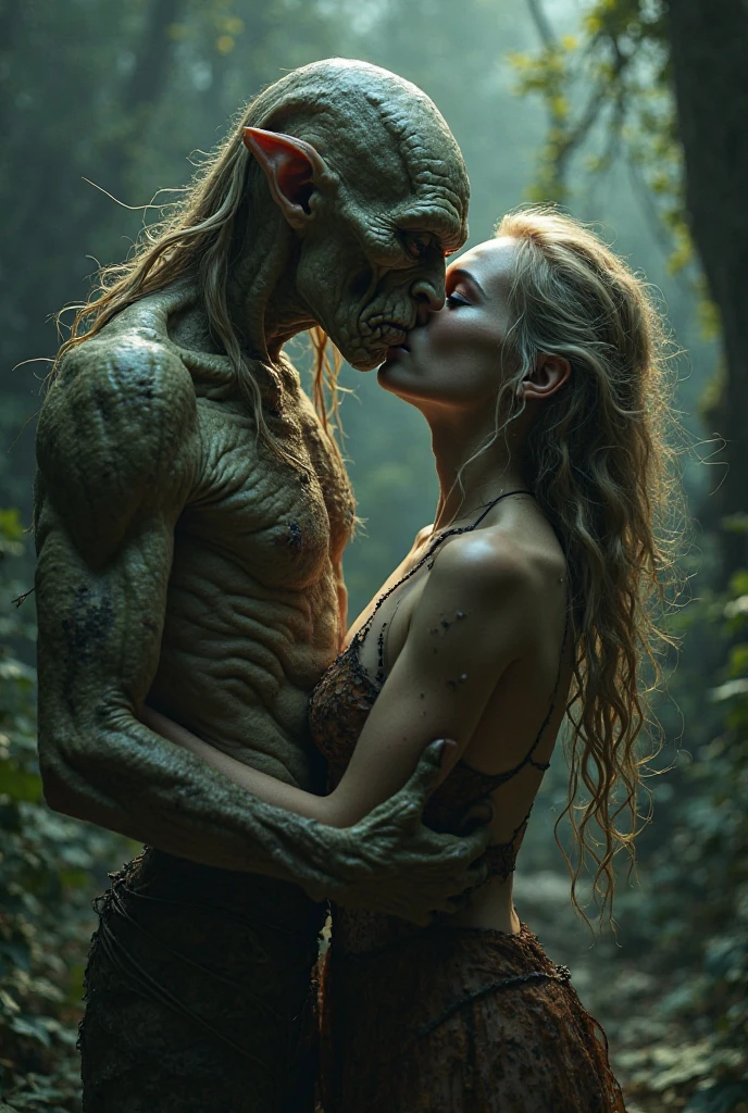 Blond girl kiss an yautja predator on the jungle