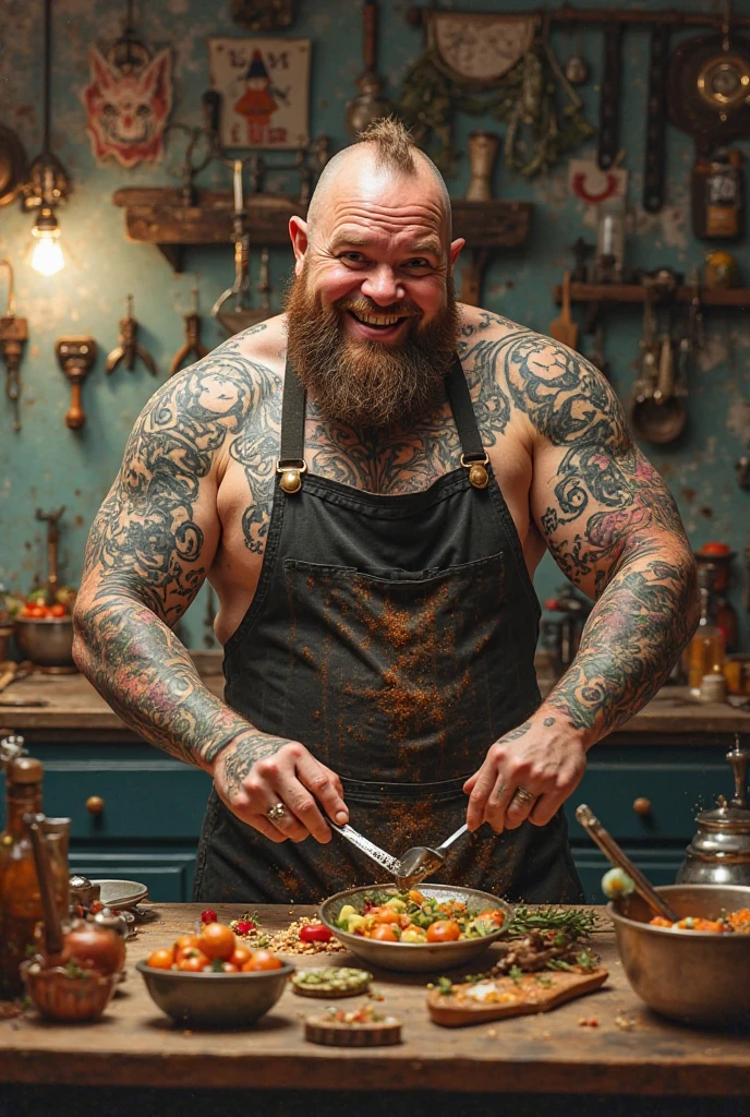 Extremely old chef superhero man over 80 years old very muscular over 200 kg Nordic with large flabby and sagging pecs with huge brown nipples very long gray hair and large gray mustaches with huge tattooed arms in a kitchen wearing a white apron and a cap white chef