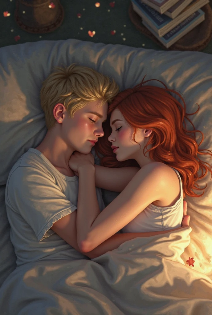 A girl and a boy lying on a couch hugging each other sleeping, a redhead girl with freckles,She's a little blushed and has one hand on the boy's chest and the boy has his arms full of tattoos and messy black hair he has a red nose and has his hand on her waist