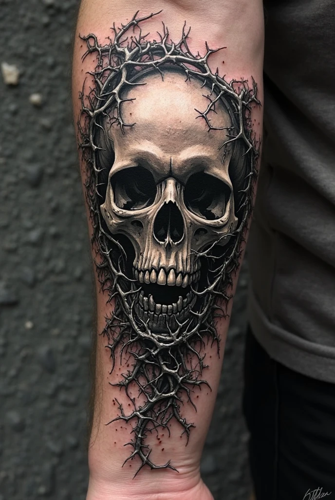 Dog skull tattoo in a nest of dry branches, all in black and white that covers almost the entire professional forearm