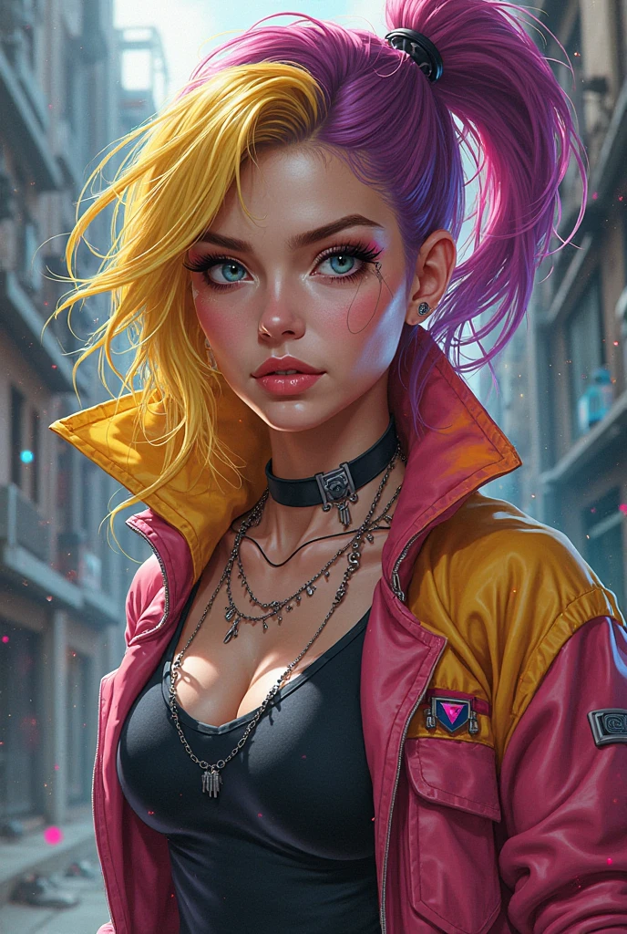 photo of woman, sexy, large breasts, punk, pink hair, one side shaved head,
([Emma Roberts|Elizabeth Olsen|Emma Roberts]:0.85), [stanleylau style|samdoesart style],
armor suit, hips, sensual, shinny skin, oily skin, tattoos, close up, face focus,
detailed face, lips, choker, jewelry, 
[(colorful explosion psychedelic paint colors:1.21)::0.2],
kitchen, 
masterpiece, best quality, rainbow colors, colorful, high contrast,