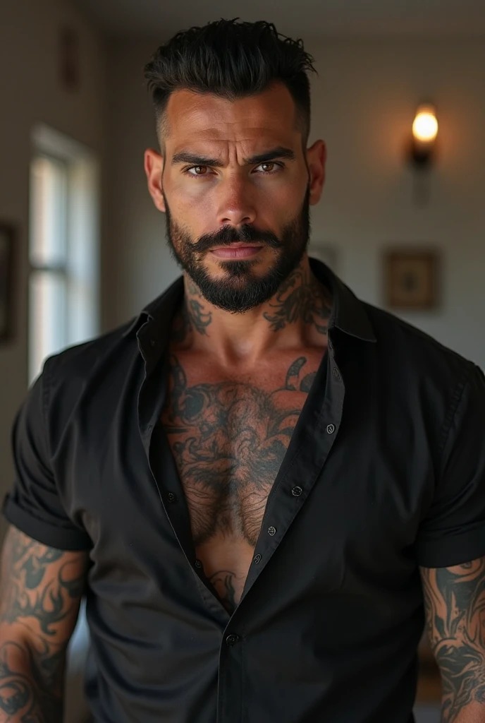 The image shows a man with a beard and dark hair, who wears an open shirt, revealing a tattoo on his chest and a large pendant on his neck. The background appears to be an indoor environment with warm lighting.