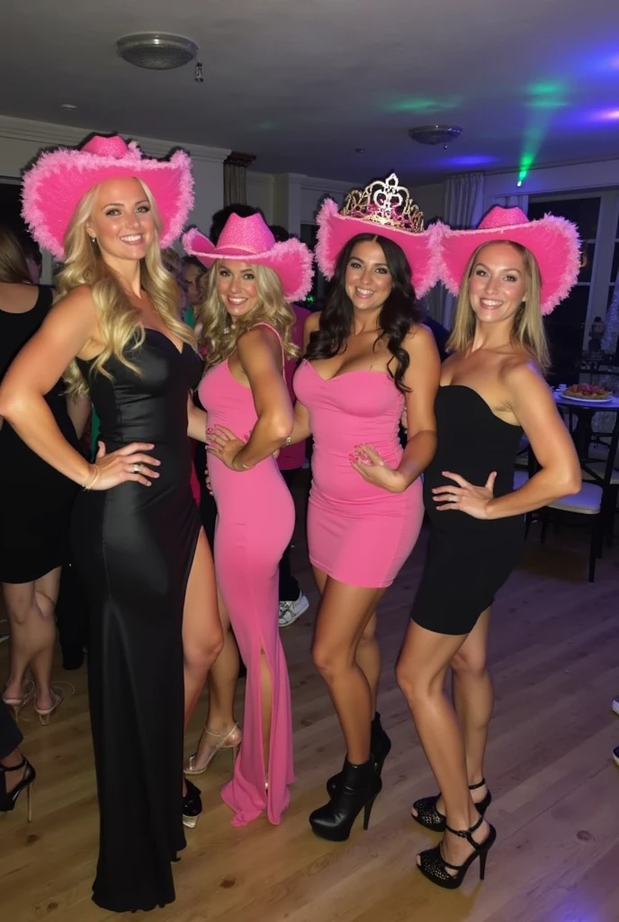 a group of women having fun in a nightclub in sweden, funny hats, view to camera, full body, realistic, 4k, sharp focus, detailed,