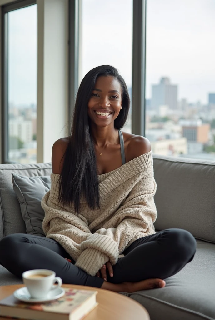 A raw, yet incredibly realistic and high-resolution image of a black woman radiating warmth and comfort in a cozy outfit. Seated gracefully on a plush sofa, her smile illuminates the frame, revealing perfect teeth and radiant, glowing skin. Her curly black hair cascades down her shoulders, framing her gentle features. Detailed stitches on her comfortable outfit are visible, including the subtle texture of the fabric. Her eyes sparkle with warmth and intelligence, adding depth to the hyper-detailed, photorealistic image. The background subtly fades into focus, blurring the lines between reality and the artful capture. This image is a testament to the power of raw