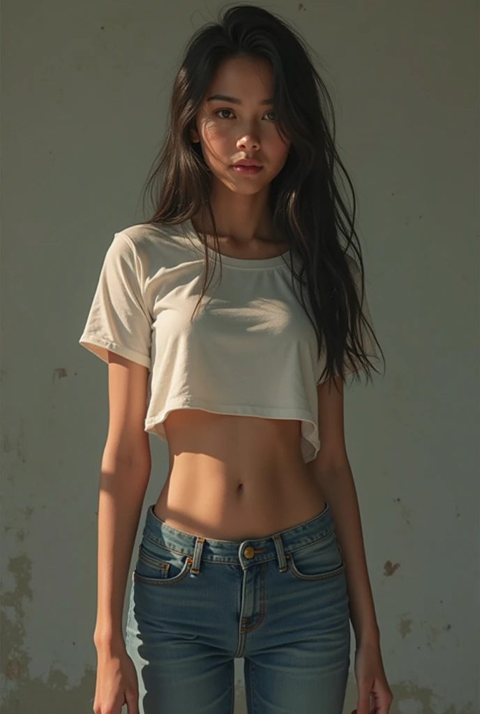 Thai girl.Wearing a thin, small gray T-shirt without underwear.,Wearing tiny light blue underwear,Standing facing the camera