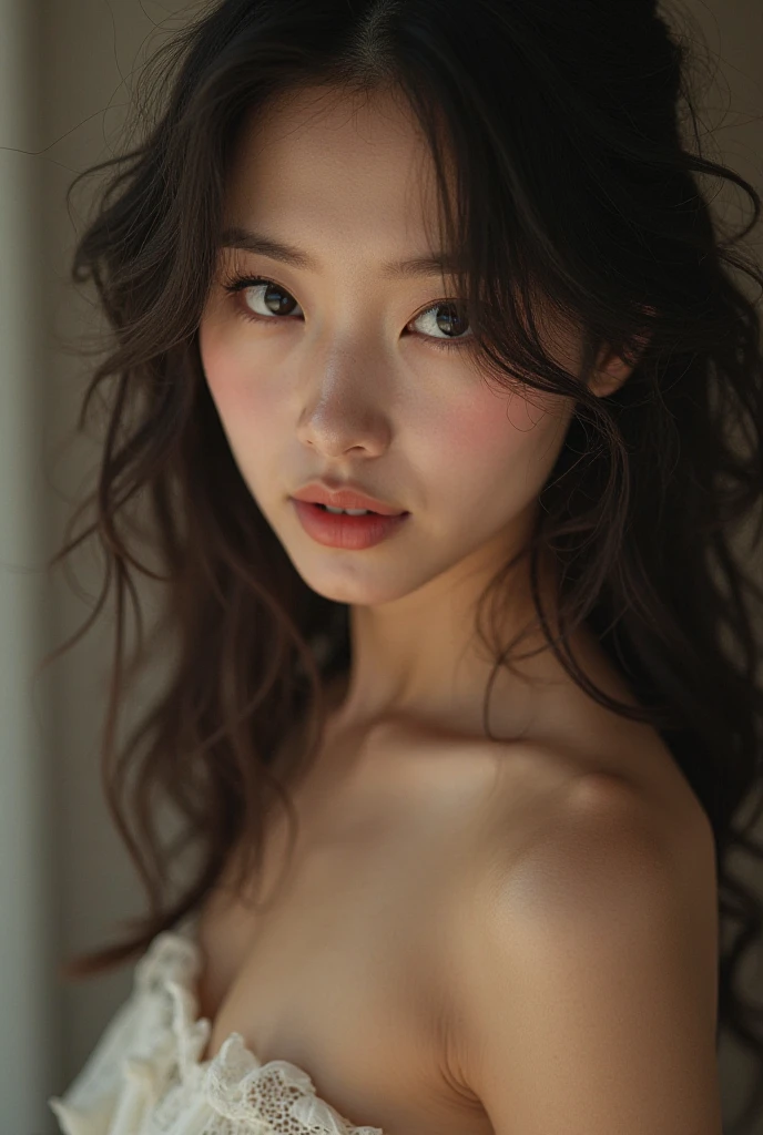 You are a professional gravure photographer.、(((One person,alone))),(Highly realistic photos, High resolution, Detailed face, Narrow eyes,Thin lips)、 Japanese women, Age 25, Modern beauty standards, ,Healthy Body,Foggy