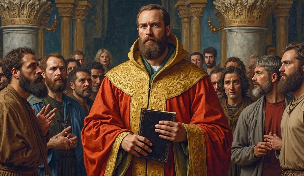 (century A high definition Renaissance style painting oil on canvas, Impressionist who portrays:) Ignatius as a defender of the faith, holding a Bible in front of a dubious crowd.