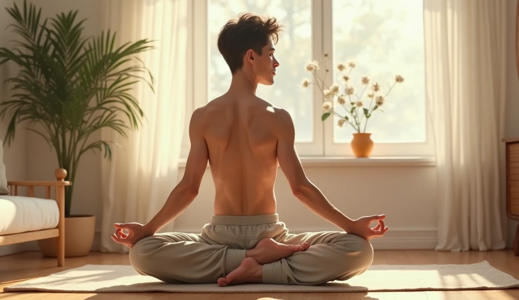 man with short and straight red hair, in a meditation pose with closed eyes and hands in prayer, wearing white pants and no shirt, showing defined abdominal muscles. The image should depict the entire body realistically in a meditation position within a completely white temple setting, featuring white flooring, white stone walls, a white ceiling, and white columns.