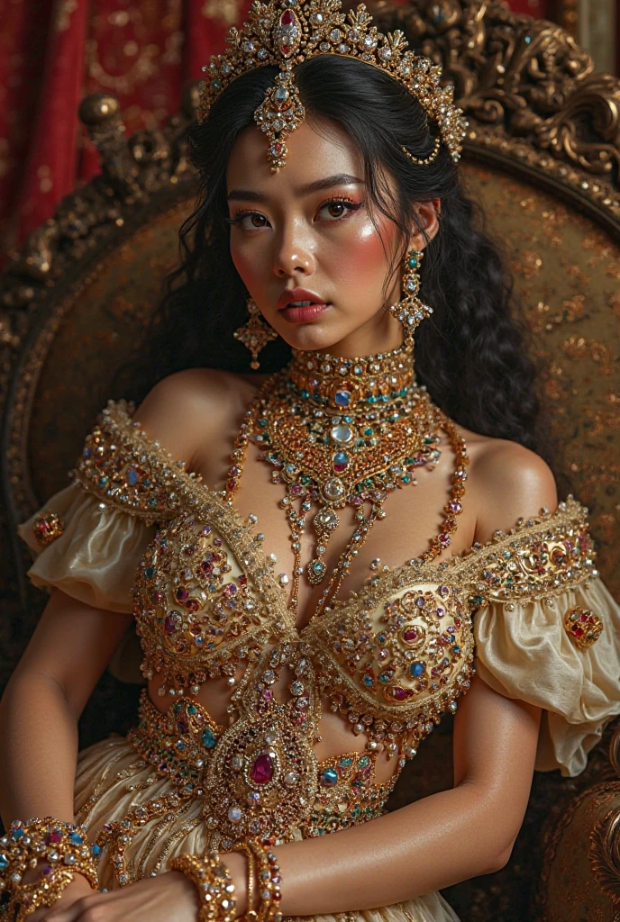 (photorealism:1.2), Using Impeial Ottoman Empire Dress, beautiful Queen, lying on the bed, Indonesian girl, A close-up and straight-on view from above, straight body, give up, big breasts.