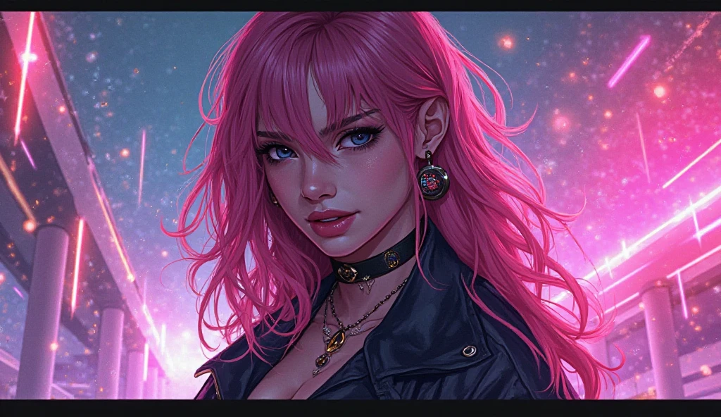 photoshoot by @sophiamartian instagram model with neon and bling, bright colors, bright lights, pink hair, 1girl, solo, jewelry, long hair, sunglasses