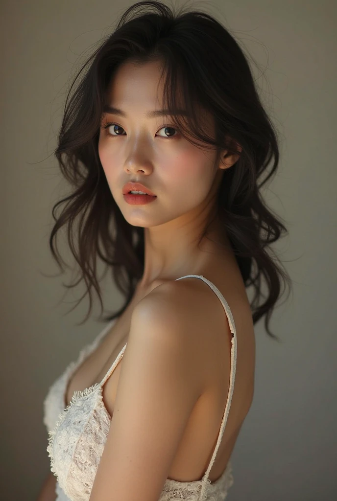 (((One person,alone))),(Highly realistic photos, High resolution, Detailed face, Beautiful Eyes) Japanese women, 30 years old, Modern beauty standards, Nice body, Isoyama Sayaka,Healthy Body,Thighs、turn over、Depth of written boundary,、Narrow eyes,Light Smile、Studio shot