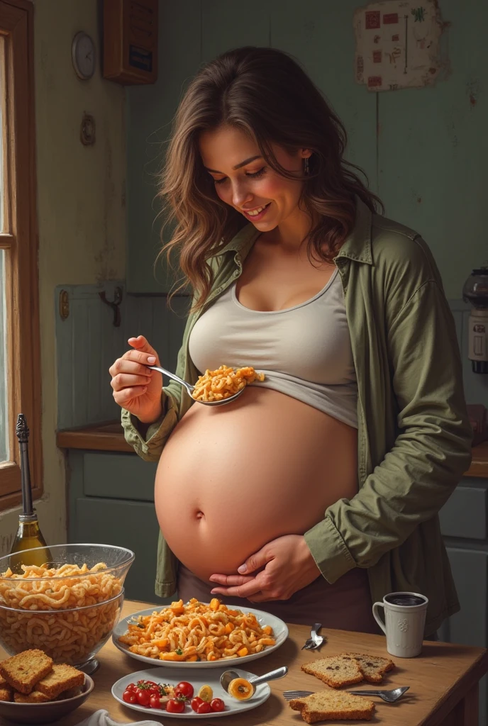 Pregnant woman, kitchen, baking, housewife, beautiful, cozy, soft face, huge boops, boops F size, gigant boops, tight dress